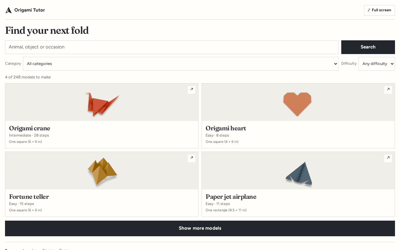 Origami Tutor catalog with model cards, category and difficulty filters, and Show more models.