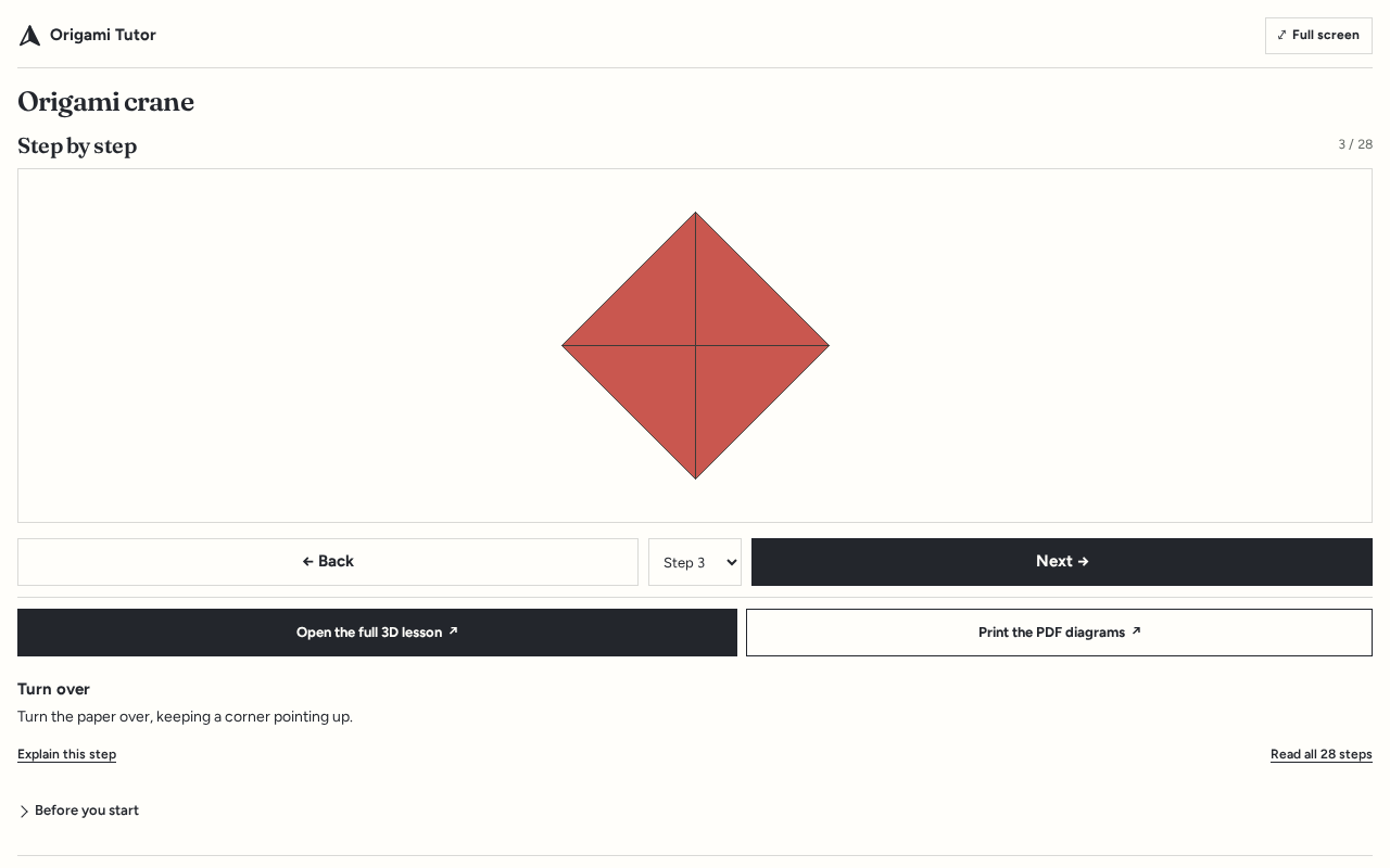 Crane step viewer at step 3 of 28, with Back, Next, a step picker, Read all 28 steps and lesson links.